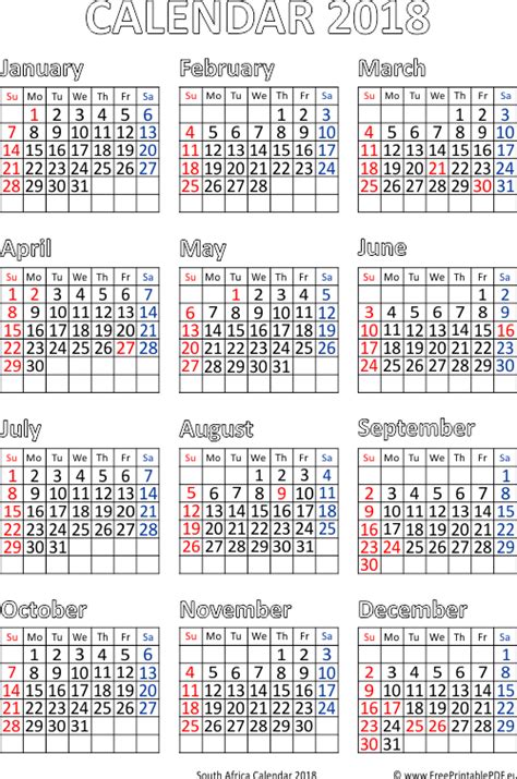 Calendar For Year 2018 South Africa Free Printable Pdf