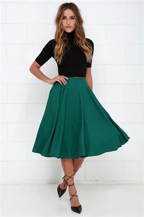 Chic Dark Teal Skirt Midi Skirt High Waisted Skirt 4100