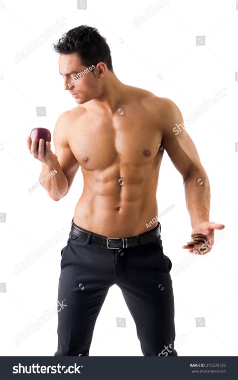 Muscular Shirtless Young Man Deciding Between 스톡 사진 275276135