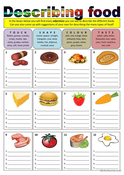 Describing Food Adjectives General Español Ele Hojas De Trabajo Pdf And Doc