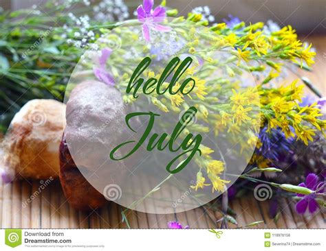 Hello July Greeting On A Summer Flowers Bouquet And Boletus Edulis