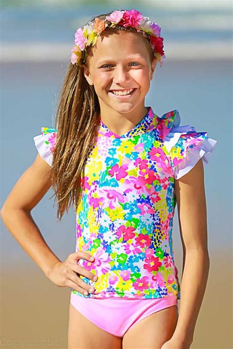 Monet Print Sun Shirt Set With Frill Sleeves Swimwear Girls Tween