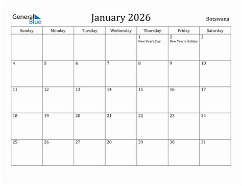 January 2026 Monthly Calendar With Botswana Holidays