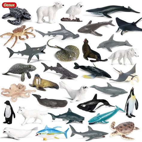 Oenux 32pcs Mini Sea Life Shark Whale Penguin Dolphin Turtle Rays Model