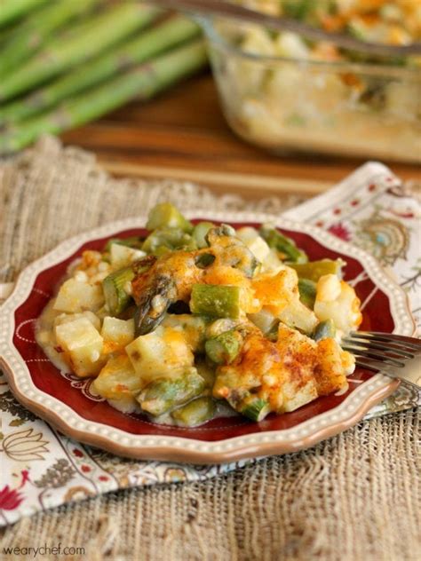 Cheesy asparagus casserole, recipe, preheat oven to 400 degrees f (200 degrees c).in a mixing arrange the asparagus in a 9x13 inch casserole dish. Cheesy Asparagus and Potato Casserole - The Weary Chef