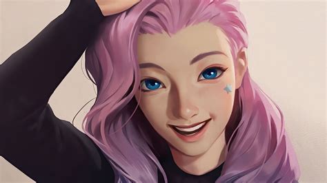 Seraphine League Of Legends Seraphine League Of Legends Pink Hair Blue Eyes Icon Looking At
