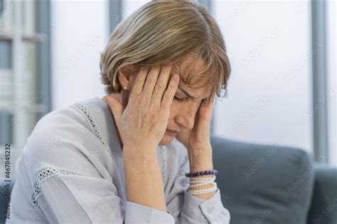 Sick Stress Caucasians Senior Mature Adult Elderly Woman Lady Having Migraine Symptoms