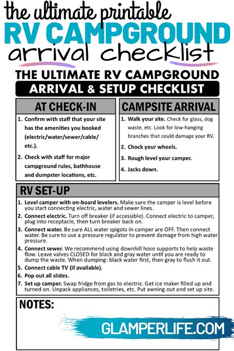 Printable Campground Arrival Checklist For Your Rv Trip Rv Camping