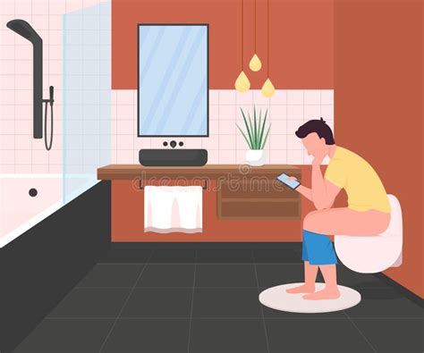 Man On Toilet With Phone Flat Color Vector Illustration Stock Vector