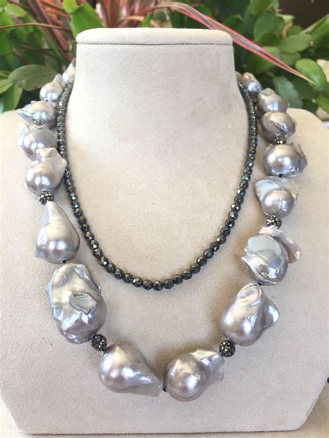 Large Grey Baroque Pearl Hematite Pave Necklace Silver Etsy Pearl