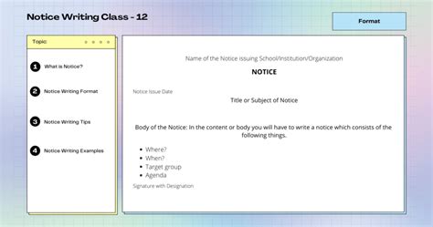 Increase the visual appeal of your notice by using bold letters, catchy slogans, striking words and phrases, etc. Notice Writing Class 12 - Format, Topics, Examples ...