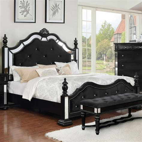 Transitional Black Faux Leather Upholstery King Poster Bed Azha Foa