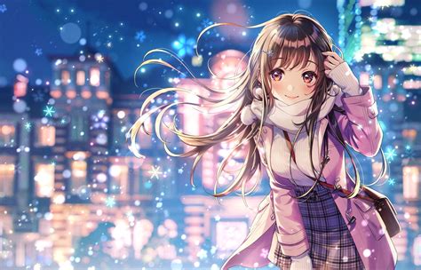 Wallpaper Winter Smiling Coat Beautiful Anime Girl Buildings