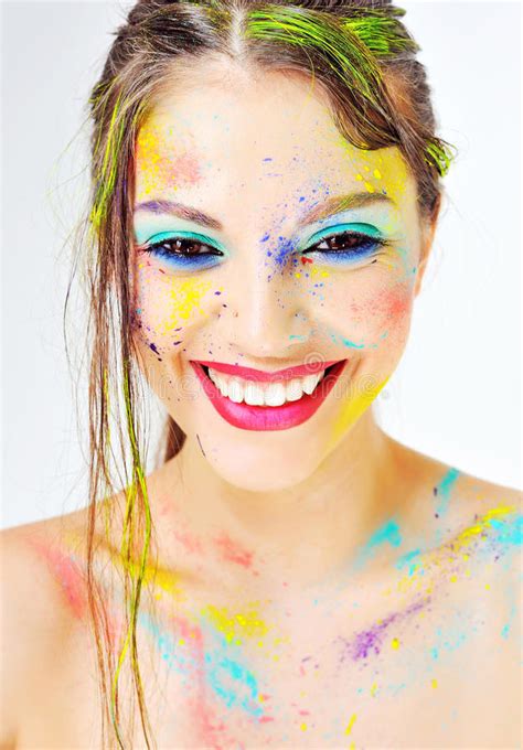 Beautiful Smiling Girl Colorful Paint Splashes Face Stock Photos Free