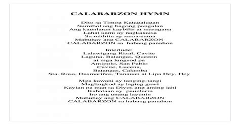 Batangas, cavite, laguna, quezon, and rizal and one highly urbanized city, lucena. Himno Ng Batangan - DOCX Document