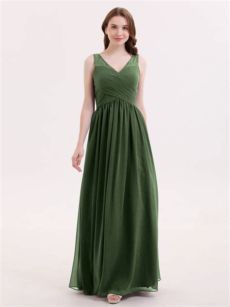 Adalyn V Neck Chiffon And Lace Maxi Bridesmaid Gown Olive Green Babaroni