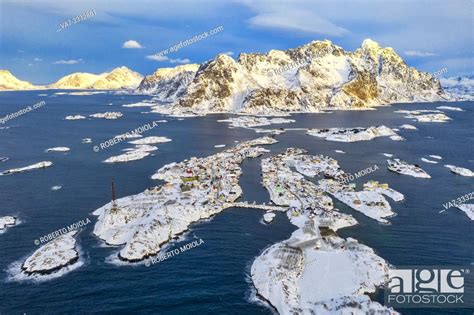 Aerial Panoramic Of Henningsvaer Covered With Snow Vagan Municipality