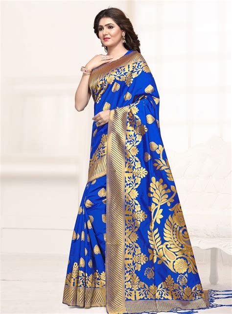 Buy Blue Jacquard Silk Festival Wear Saree 153410 With Blouse Online At Lowest Price From Vast