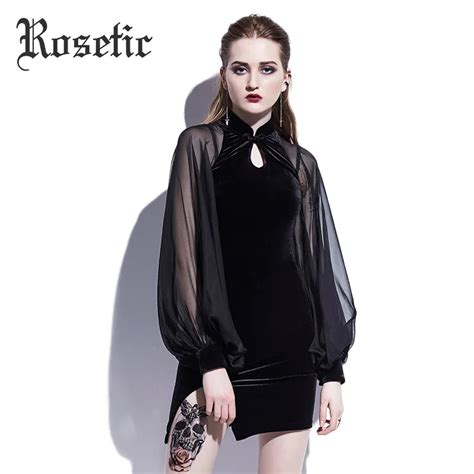 Wholesale Rosetic Gothic Bodycon Mini Dress Black Sheath Lantern Sleeve