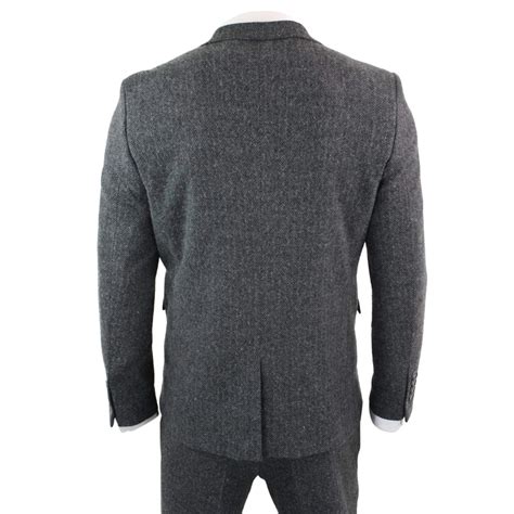 Mens Grey Black 3 Piece Tweed Suit Herringbone Wool Vintage Retro Peak