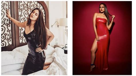 Sonakshi Sinhas Black Slip Dress Or Red Thigh High Slit Gown Which Latex Outfit Is The Hottest