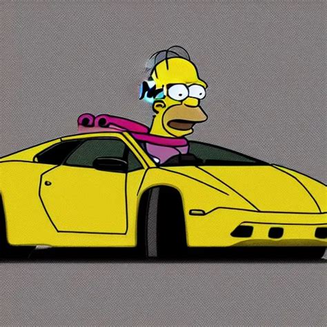 Homer Simpson Driving A Lamborghini Digital Art Stable Diffusion