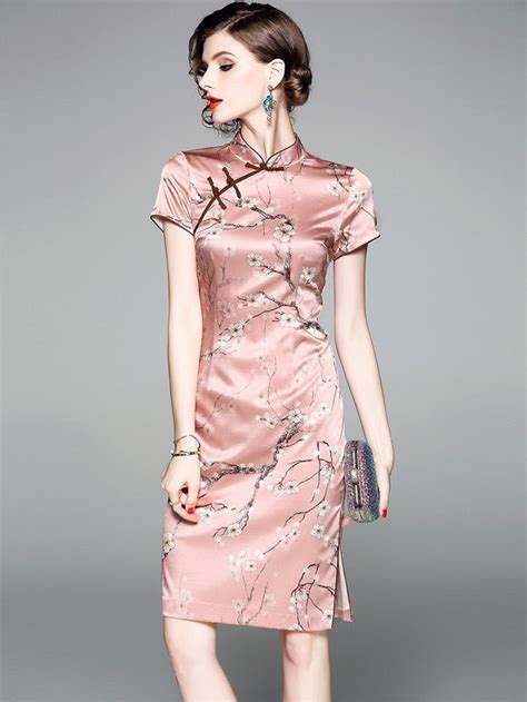 pink floral silk qipao cheongsam party dress cozyladywear