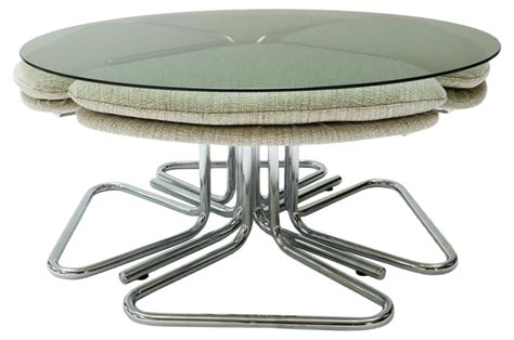 Round Smoked Glass And Chrome Coffee Table With Four Nesting Stools