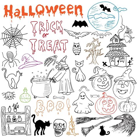 Sketch Of Halloween Design Elements With Pumpkin Witch Black Cat Ghost