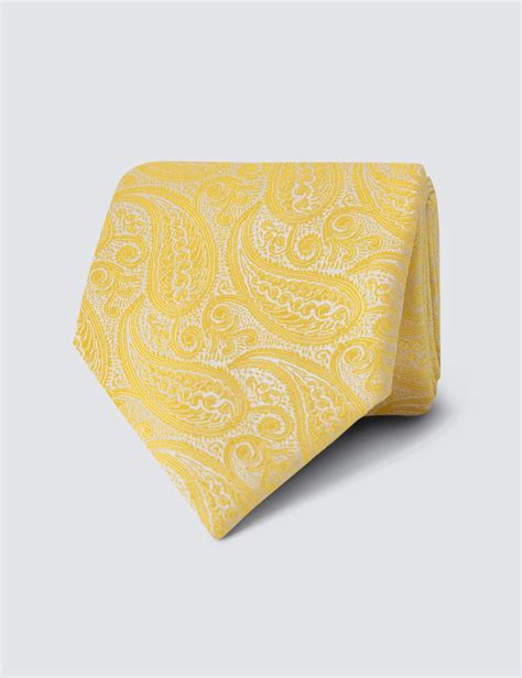 Mens Luxury Yellow Paisley Tie 100 Silk Hawes And Curtis