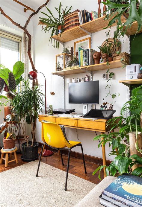 Cozy Home Office With Focus On Green Plants With Wall Shelves And A