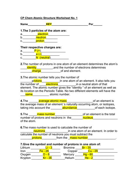Atomic structure worksheet answer key. CP Chem Atomic Structure Worksheet No - EricksonCPChem2010-11