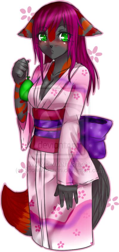 furrybooru blush cleavage female green eyes hair japanese clothing kimono purple hair