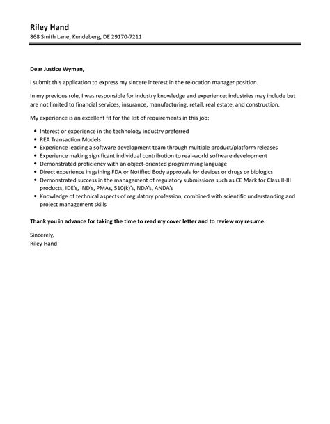 Relocation Manager Cover Letter Velvet Jobs