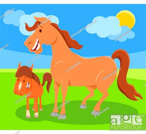 Cartoon Illustration Of Funny Horse Farm Animal Character With Colt