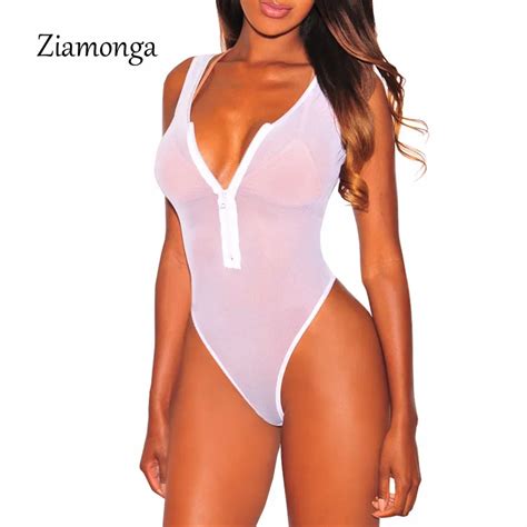 Best Price Ziamonga Summer Sexy Bodysuits Women Black Mesh Sheer One Piece Transparent