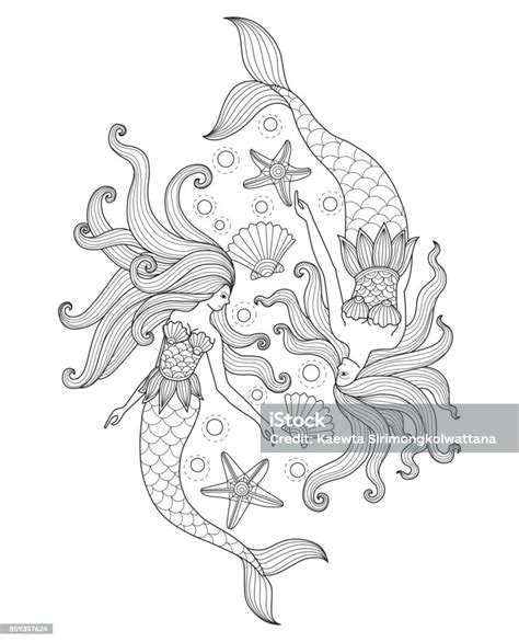 Hand Drawn Two Mermaids In The Sea For Adult Coloring Page Stock