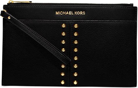 Michael Kors Astor Chain Black Leather Gold Studded Wrist Zip Clutch