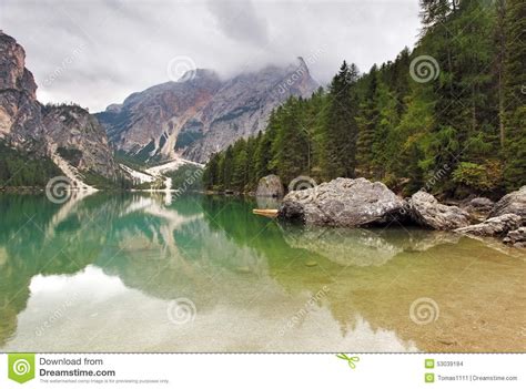 Lake Lago Di Braies In Dolomiti Mountains Italy Europe Stock Photo