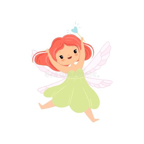 Cute Little Winged Fairy Flying With Magic Wand Beautiful Redhead Girl