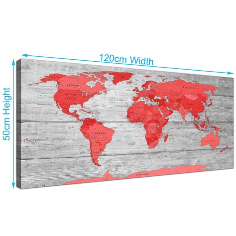 Large Red Grey Map Of The World Atlas Canvas Wall Art Print Modern