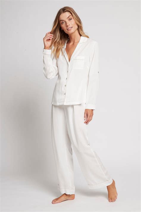 Eva Long Tencel™ Womens Pyjama Set White With Blush Piping Homebodii