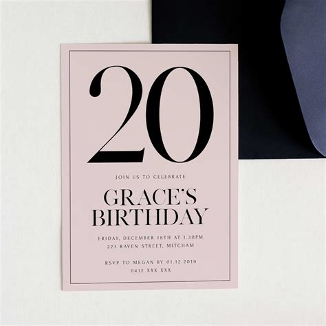 Blush Pink Printable 20th Birthday Invitation Instant Etsy