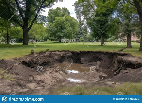Sinkhole Forming In The Middle Of A Park With Debris And Mud Visible
