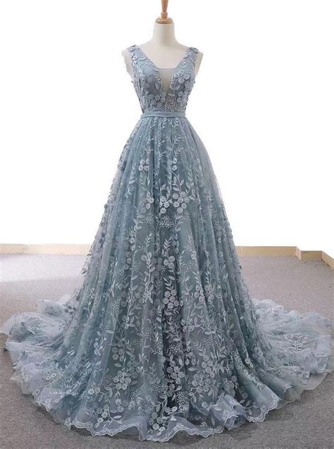 Buy Dusty Blue Tulle Long Prom Dress With Appliques Formal Gown Op653