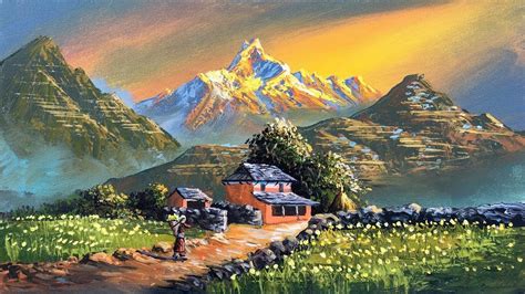 Nepali Village Landscape Painting Beautiful Painting Nature