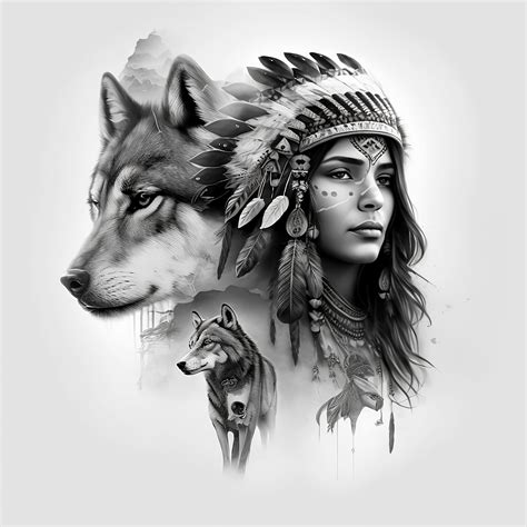 Native American Wolf Tattoo Flash