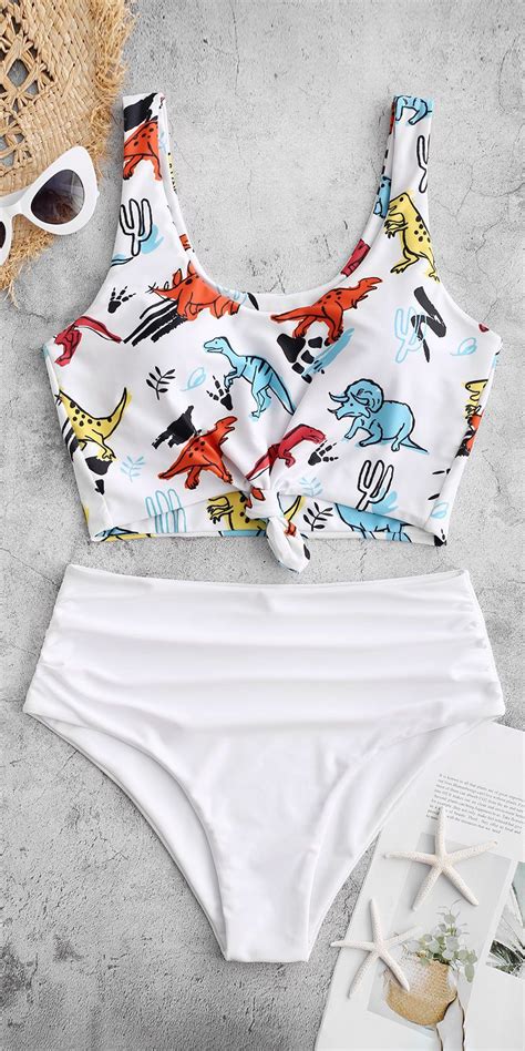 Zaful Knot Dinosaur Print Ruched Tankini Swimsuit White Style Cute
