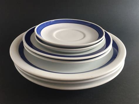 80s Retro 6 Piece Set With Blue Rim Dinner Plates Salad Etsy In 2021