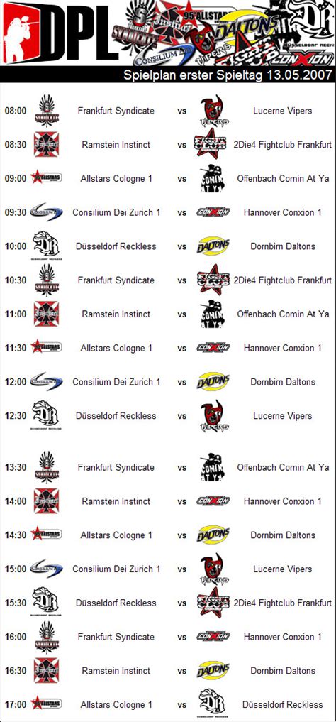 Pölten muss bis zum saisonende auf seinen defensiven mittelfeldspieler lukas tursch verzichten. DPL Spielplan 1.Bundesliga | Paintball 2000 | Paintball-News